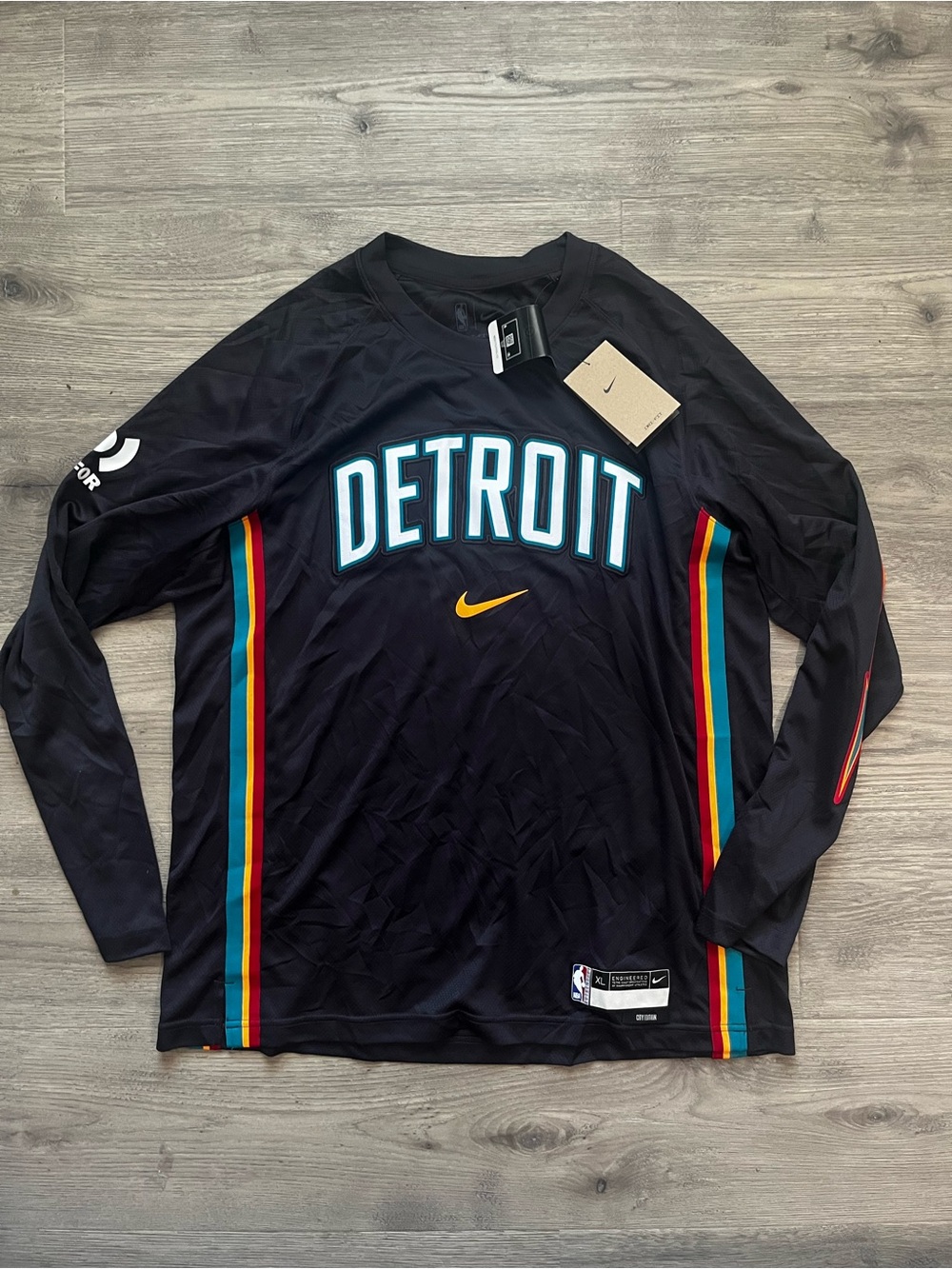 Nike Detroit Long-Sleeve Basketball Shirt - Black with Teal & Red Accents